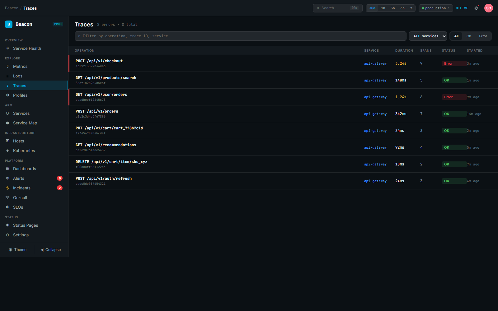 Beacon distributed traces with latency and errors