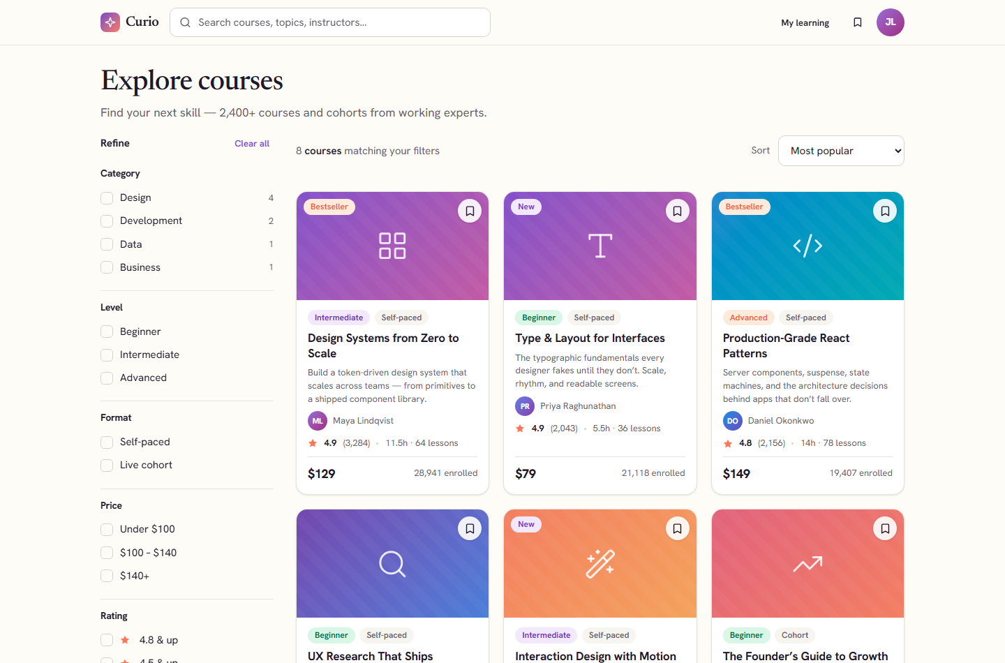 Curio course catalog with filters
