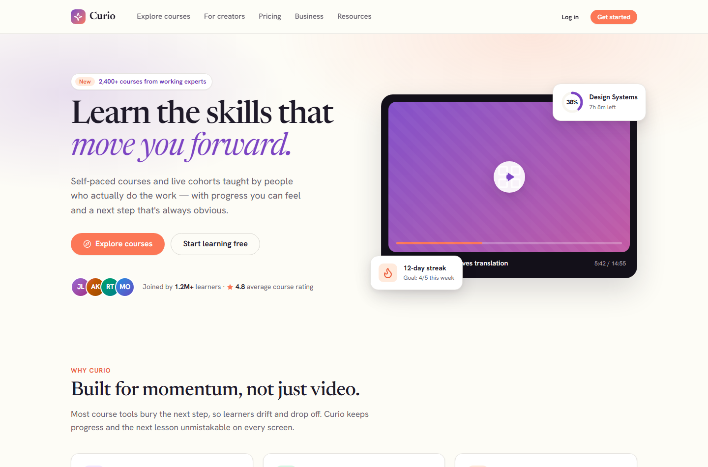 Curio marketing site — learn the skills that move you forward
