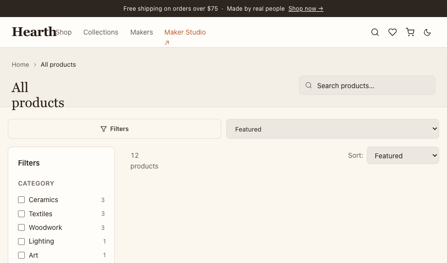Hearth storefront — browse all products with filters