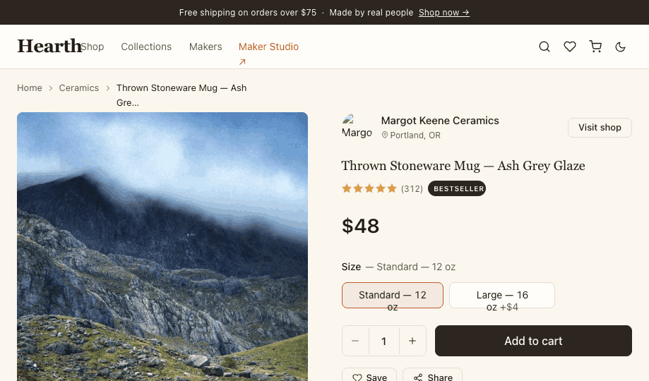 Hearth product page — handmade stoneware mug